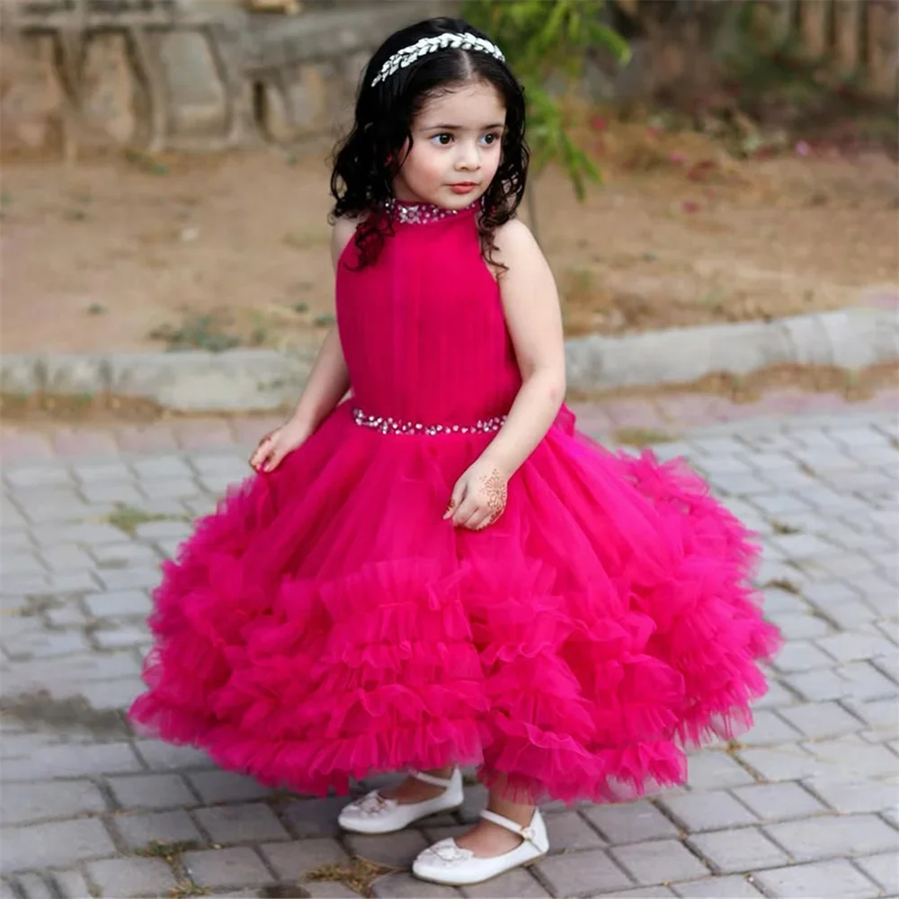 فستان فتاة الزهور مخصص برقبة عالية كريستال فاخر بدون أكمام بطيات على شكل حرف A بطول الكاحل أنيق رسمي للمناولة الأولى