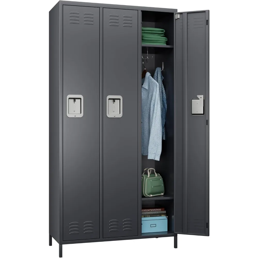 

3 Doors Metal Lockers for Employees with 9 Hooks for Offices School Gyms Home,Assembly Required,Dark Gray