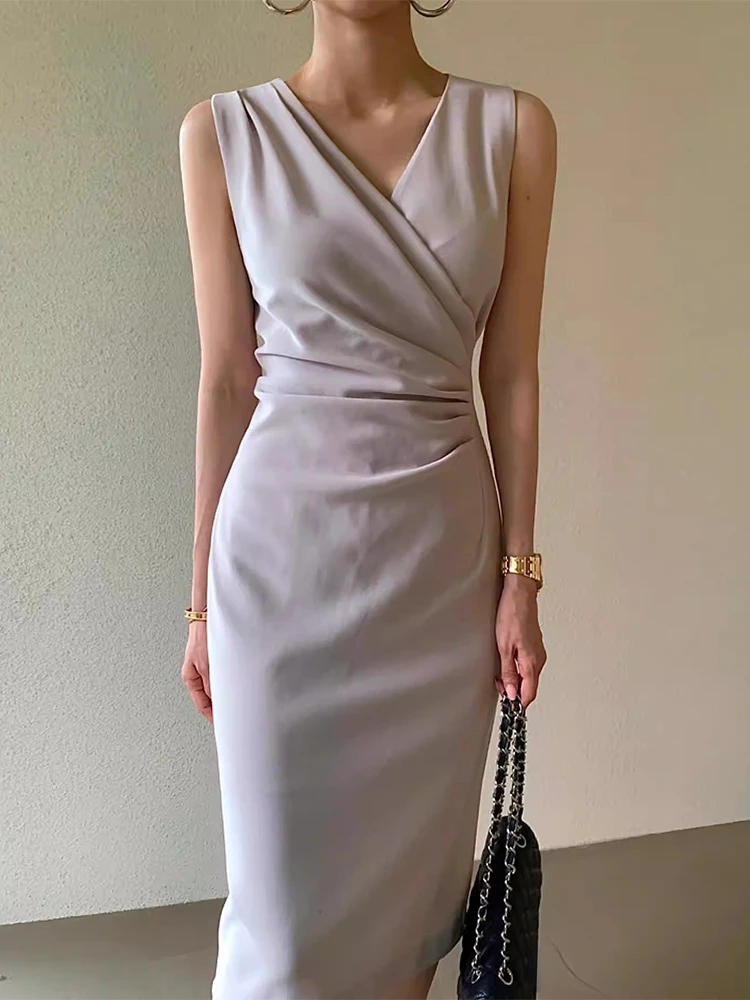 2024 Vestidos De Mujer Cross V Neck Party Elegant Dress Women Sexy Sleeveless Tunic Robe Femme Vintage Summer Solid Maxi Dresses