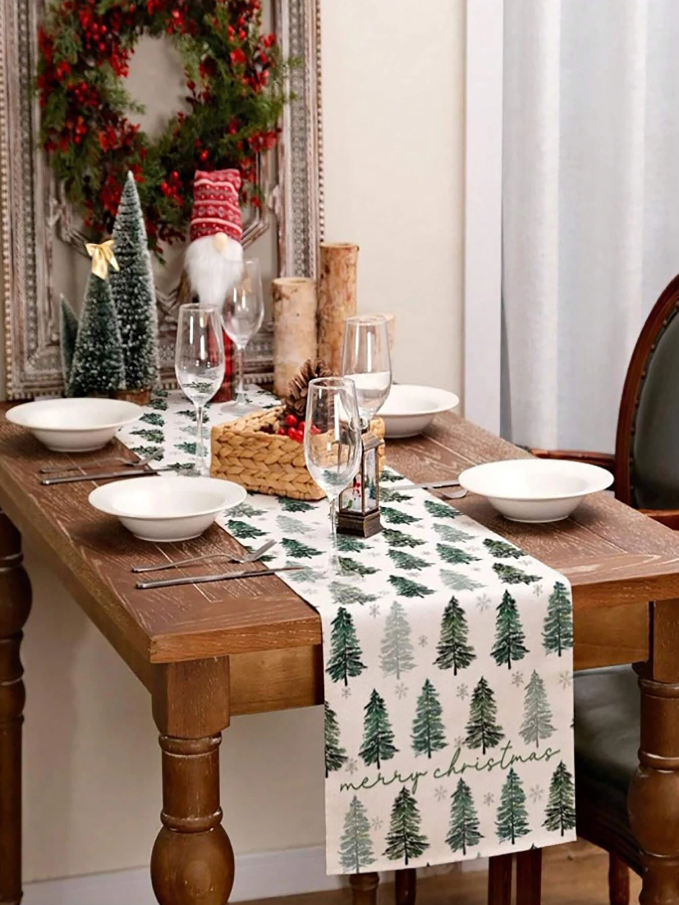 Camino de mesa con estampado de pino y copo de nieve de Navidad, mantel "Feliz Navidad" para mesa de comedor navideña, decoración del hogar y fiesta