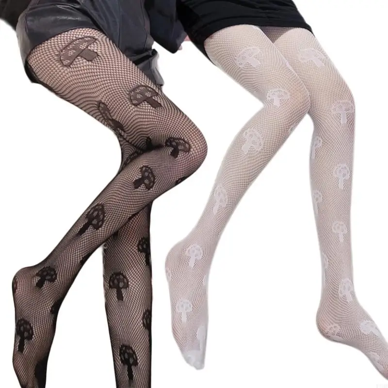 

P8DB Women Hollow Lace Fishnet Pantyhose Japanese Anime Vintage Mushroom Jacquard Patterned Sheer Mesh Tights Stocking