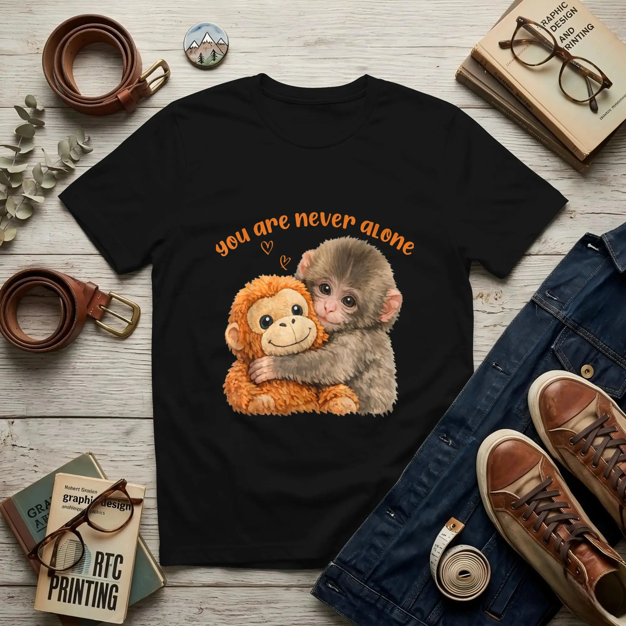 You are Never Alone Punch The Cute Monkey Men's T Shirts Punch Monkey Tee Shirt Short Sleeve Round Neck 100% Cotton T-Shirt