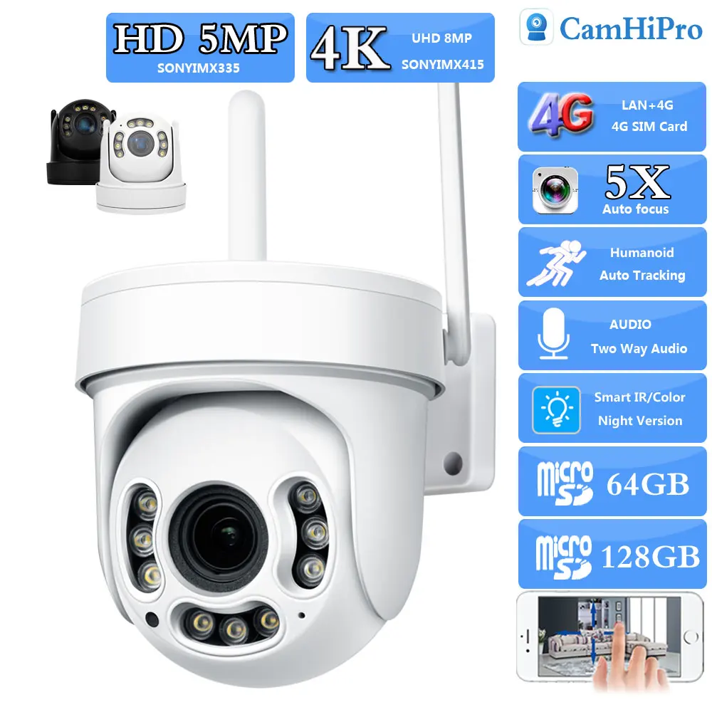 3G 4G SIM Card SO-NY415 4K 8MP Security IP Camera PTZ Dome 5MP 5X Optical  Zoom Two Way Audio Human Tracking Color Night Version