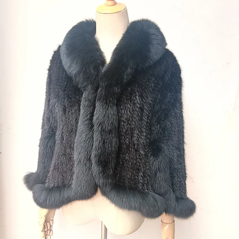Women Knitted Real Mink Fur Poncho With Real Fox Fur Collar Female Luxury Genuine Fur Wrap