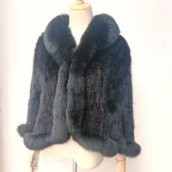 Women Knitted Real Mink Fur  Poncho With Real Fox Fur Collar Female Luxury Genuine Fur Wrap