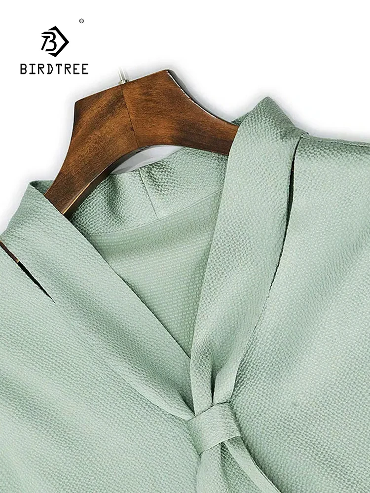 

BirdTree Elegant Retro Office Lady Blouses,Real Silk Bow T-Shirt,Women Short Sleeve Solid Color,2024 Spring Tops T41631QC