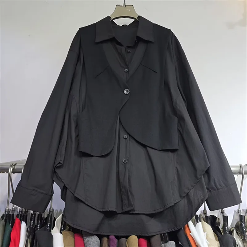 SuperAen Black Patchwork Vest Women's Shirt Spring and Autumn New Polo Neck Loose Long Sleeves Simple Shirts