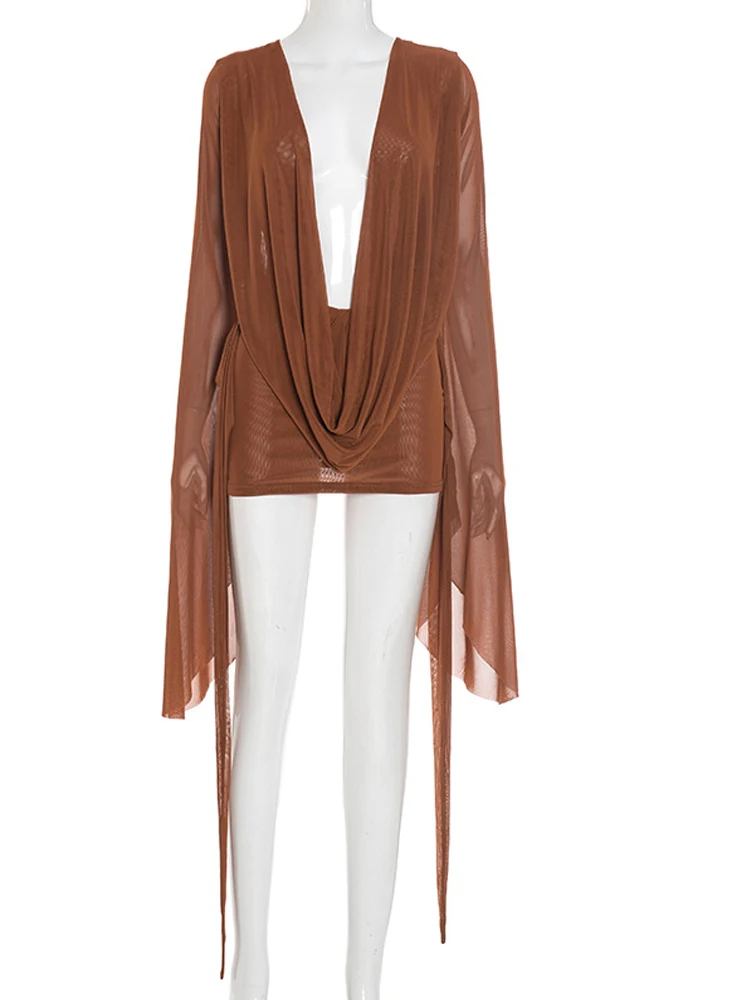 เดรสสั้นผ้าตาข่ายซีทรู แขนบาน คอวี แต่งระบาย สีชมพู ชุดเที่ยวทะเล ชุดคลุม ชุดออกงานกลางคืน