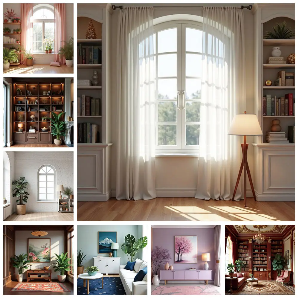 

MOON.QG White Arch Window Curtain Bookshelf Table Background Photography Backdrop Living Room House Wallpaper Photocall Photo