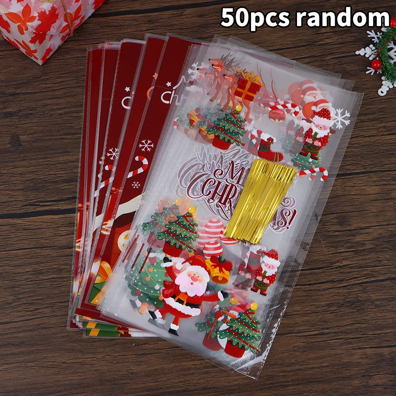 50 Stück Weihnachts-Süßigkeits-Geschenkverpackungsbeutel mit Band, Krawatten, Kekse, Backen, Weihnachten, Plastiktüten, Kinderparty-Geschenke, Verpackungsbeutel