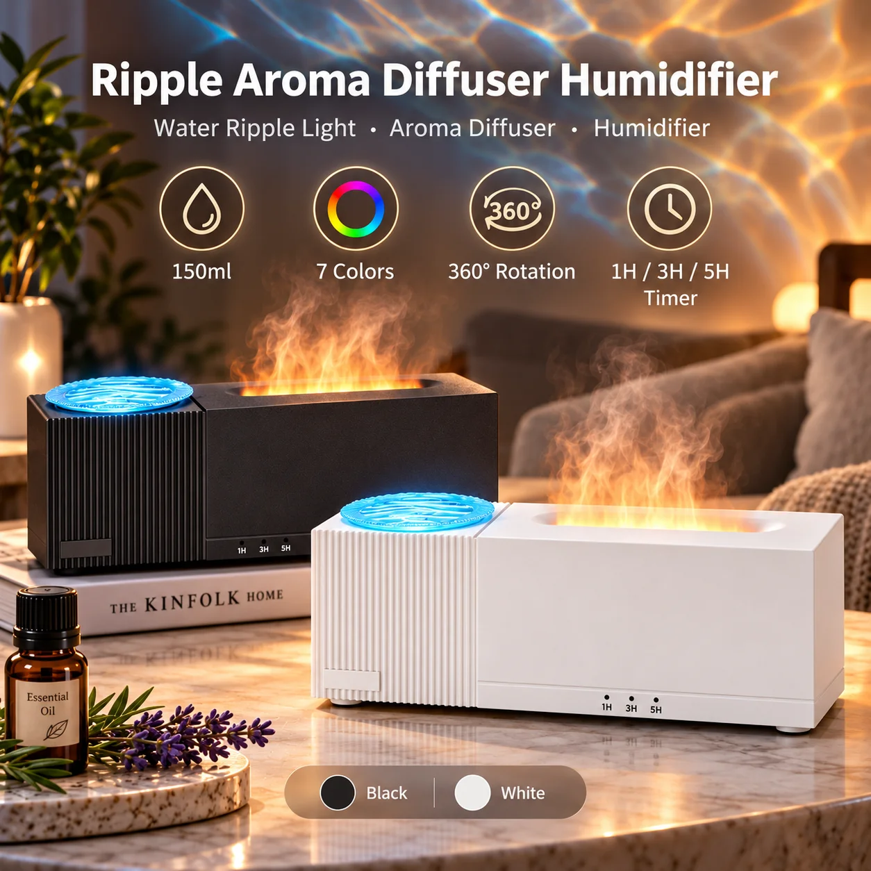 Portable Aroma Diffuser Humidifier Mist Essential Oil Diffuser Water Ripple Ambient 7 Color Night Light For Bedroom Home Office