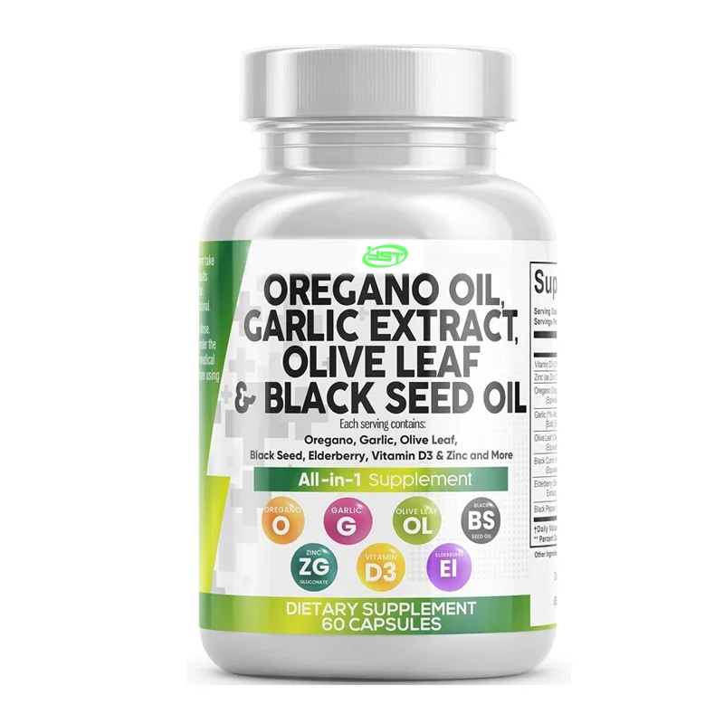 Origano oil, garlic, olive leaves, black seed oil, immune support and digestive health, vitamin D3, zinc -60 capsules