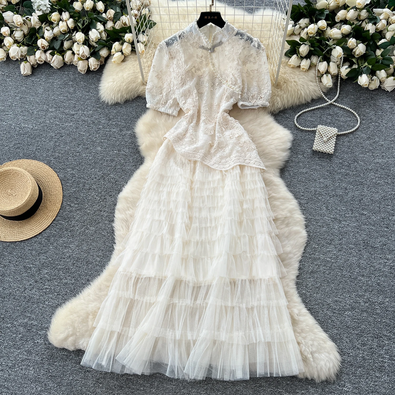

Sexy Chic Embroidered Beading Ruched Dress Elegant Korean Fashion Slim Summer vintage Long dress women clothing
