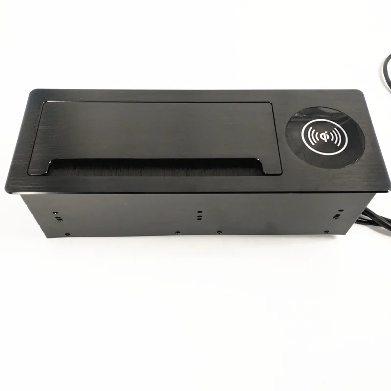 EU Schuko Power Outlet Hidden in Conference Tabletop  Flip Cover Brush Data Wire Grommet Box Socket Box with Wireless Charging