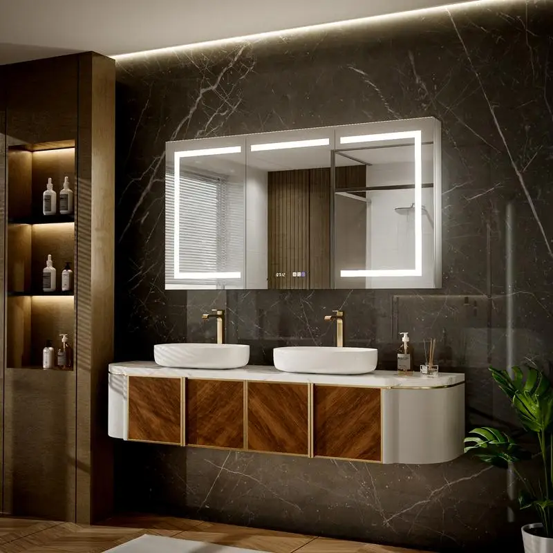 

60"x32" LED Bathroom Mirror Cabinet with Storage, Adjustable Color Temp & Brightness, Waterproof Wall-Mounted, Anti-Fog, Time
