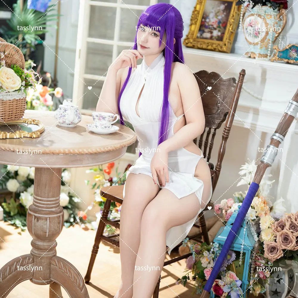 Samambaia branco sexy malha vestido elástico das mulheres, trajes de Cosplay Anime, trajes de Halloween, Frieren no funeral