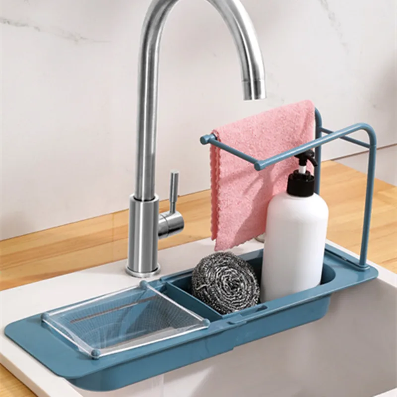 PP Sink Rack Kitchen Bathroom Faucet Storage Shelf Place Supplies Resistance Drain Holder with Hanging Rod Sponge Cleaning Tools