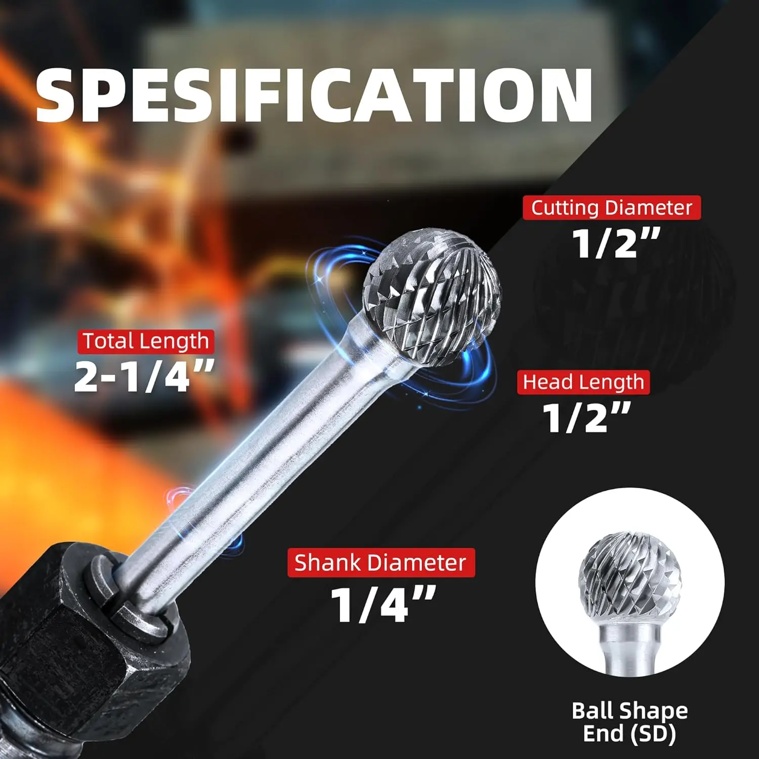 EZARC Tungsten Carbide Rotary Burr Bit SD-5 Ball Double Cut Carbide Burr 1/4\