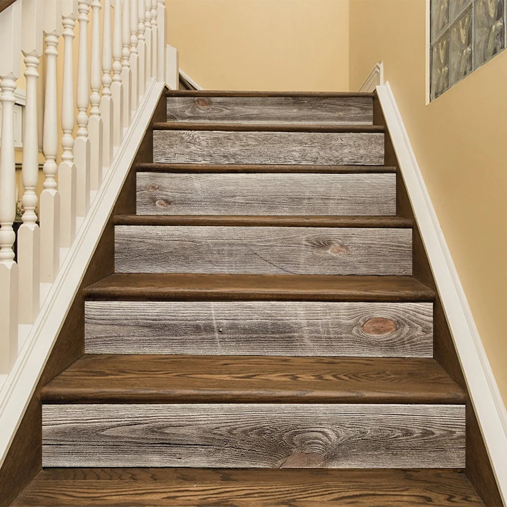 Simplicity Retro Simulation Wood Grain Staircase Sticker Stair Treads Waterproof Self Adhesive  Removable PVC Material Sticker