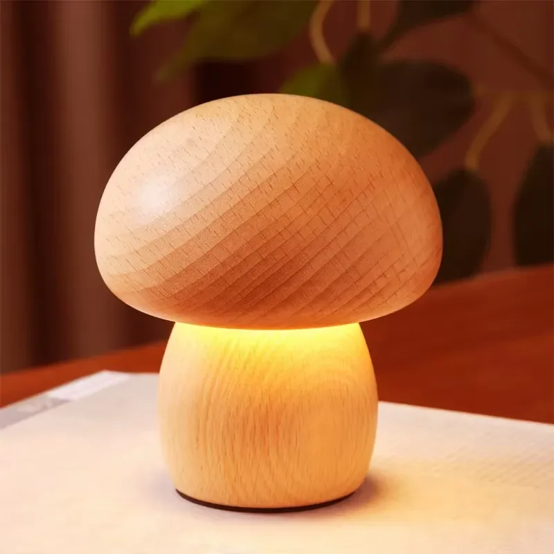 Wooden Mushroom Touch Control LED Night Light Stepless Dimming Desk Lamp Bedside Sleep Aid for Bedroom Home Decoration