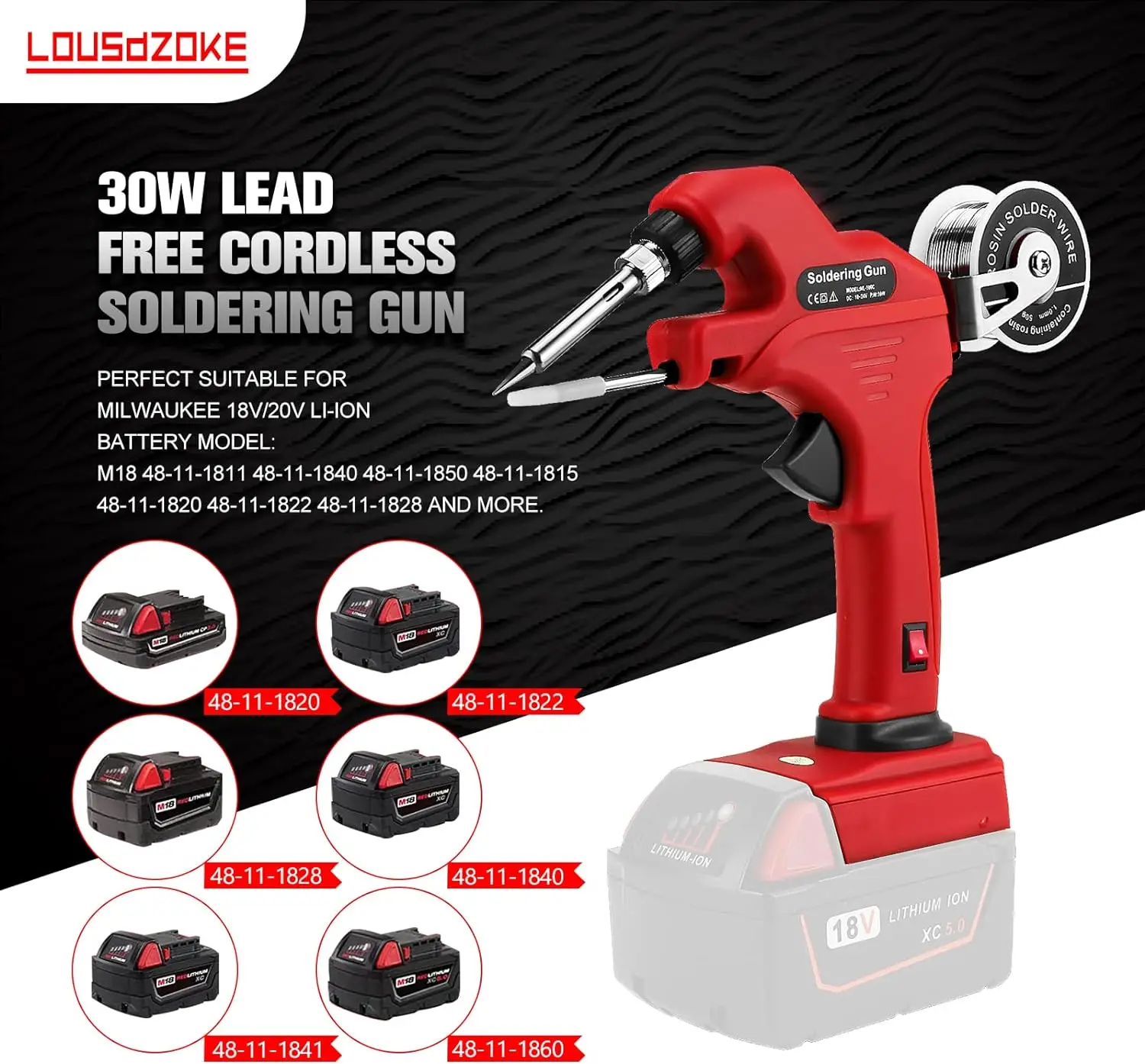 30W Cordless Soldering Iron for Milwaukee 18V Battery Automatic Feed Soldering Welding Gun Kit with 5pcs Solder Tips(No Battery)