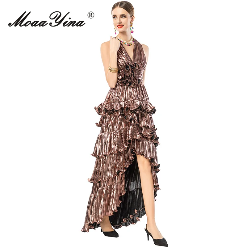 MoaaYina 2026 Spring Women's New Fashionable Light Luxury V-neck Sleeveless Backless Cross Shoulder Strap Waist Long Dress