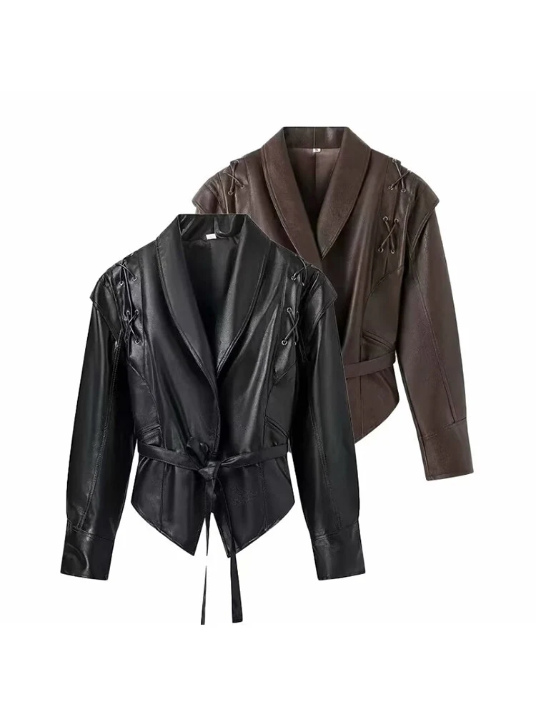 

European and American style autumn new women's clothing design sense slim and versatile slim neck style with belt leather jacket