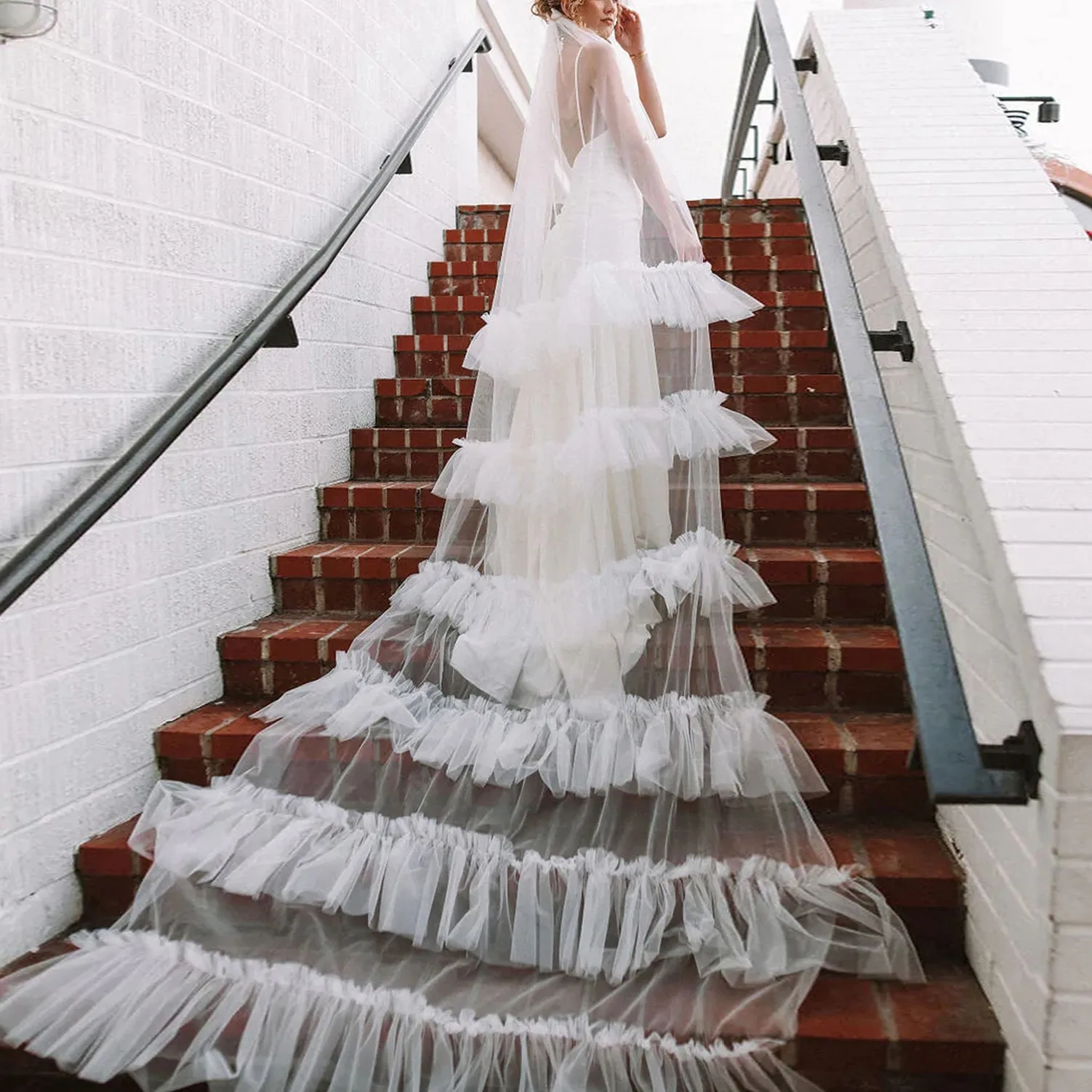 Cathedral Wedding Veil with Comb, Multi-Layer Ruffled Tulle Bridal Veil, Extra Long Romantic Flowing Veil for Bride G117A