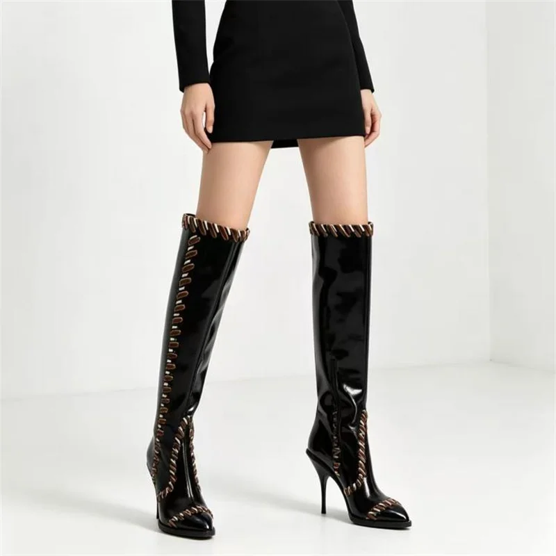 Ladies Pointed Toe Glossy Mid Calf Boots Black Leather Contrast Brown Stitching Stiletto High Heel Western Fashion Slip On Boots