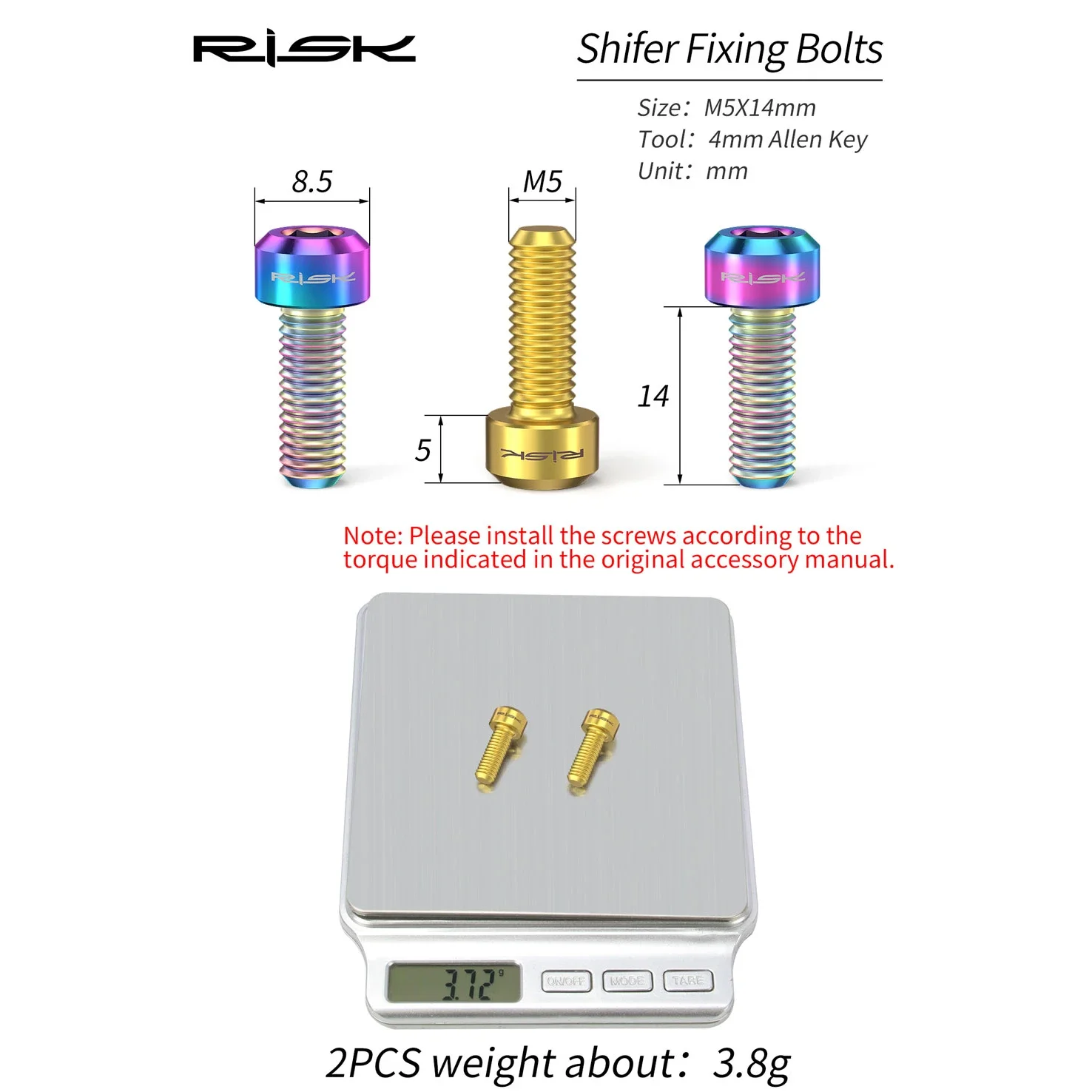 Risk M5*14mm Titanium Bolts, Brake Lever Screw for MTB Derailleur Lever, Cycling Bicycle Thumb Shifter Bolt,Variable Speed Screw