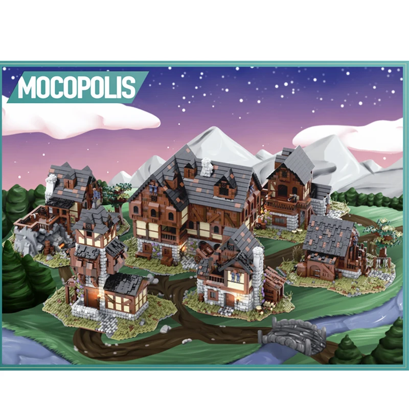 MOC-bloques de construcción de arquitectura de castillo famoso, escena de pueblo Medieval, modelo de serie, colección definitiva, vista a la calle, juguetes de ladrillo para niños