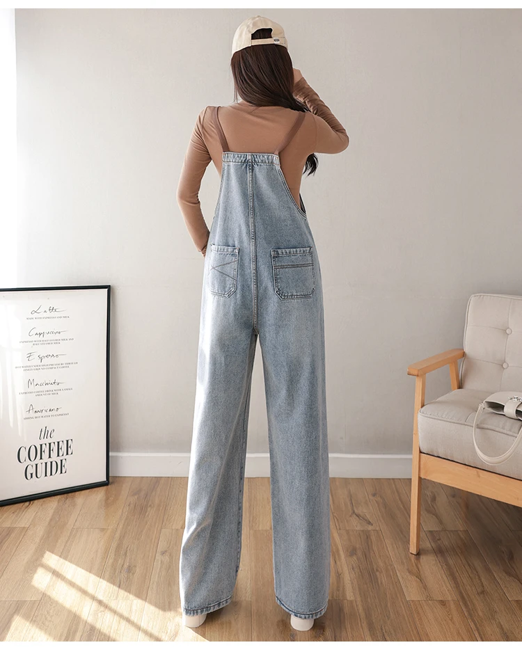 Pregnant Women\'s PU Leather Strap Denim Pants Spring Autumn Large Size Loose Maternity Jeans Fashion Pregnancy Jumpsuits Rompers