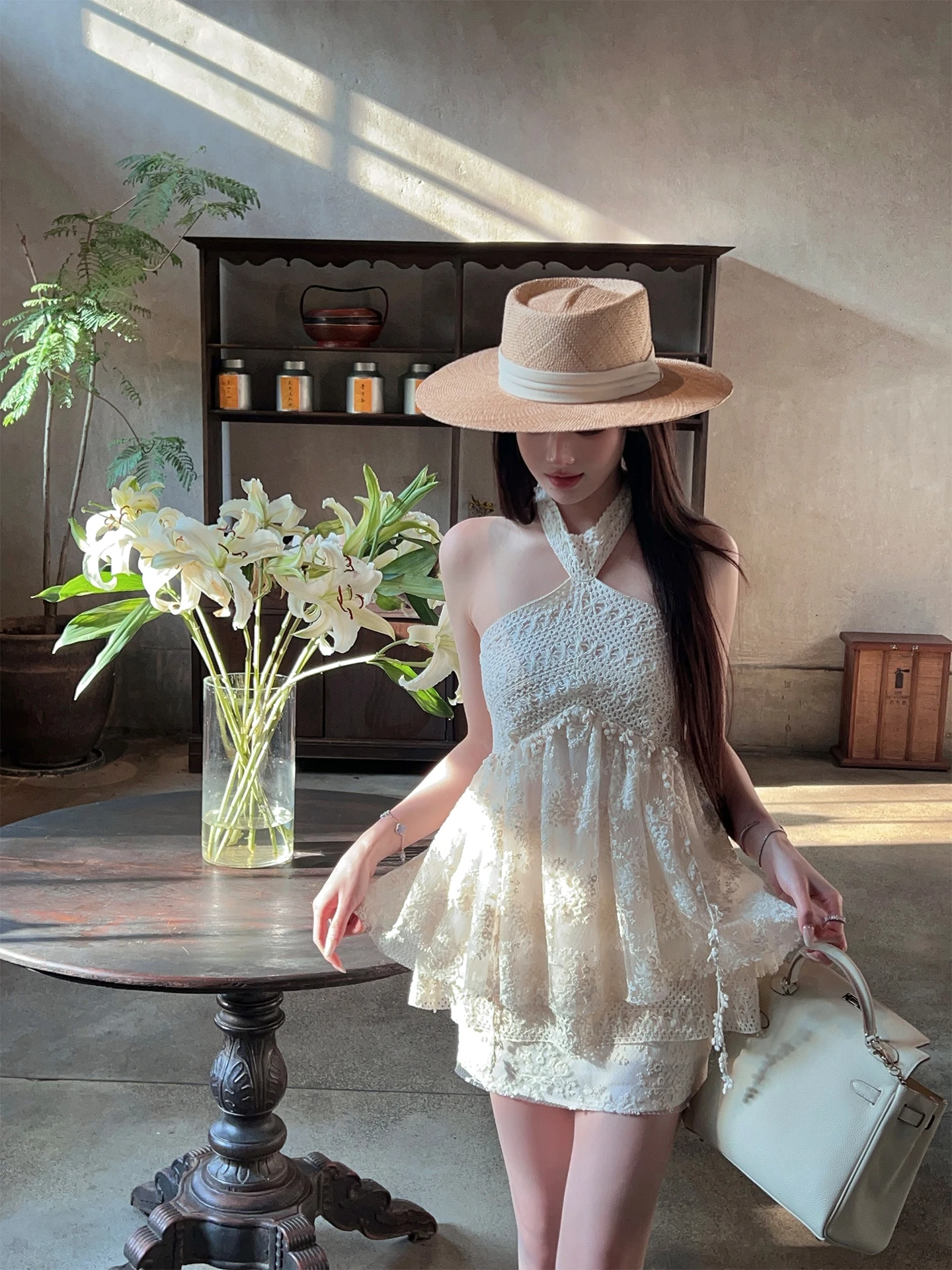 

FairyJiang White Lace Shoulder Baring Neckline Hollow out Hook Design Top And Skirt Set Women Summer High Waist Short Skirt T...