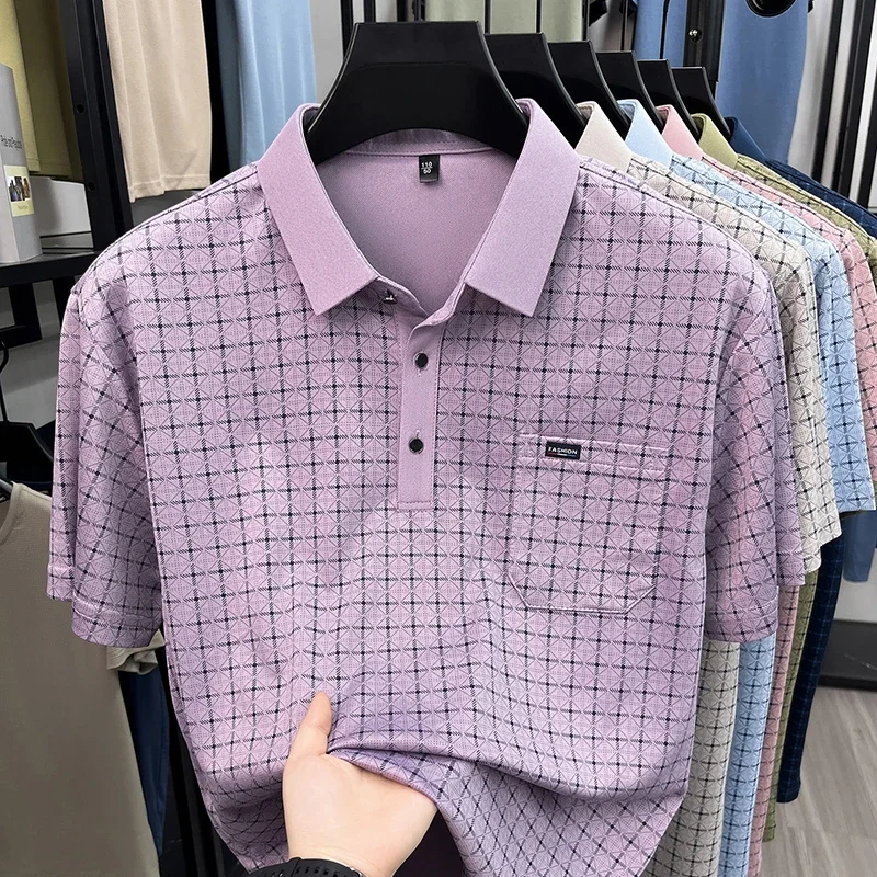 Mens Short Sleeve Diamond Jacquard Polo Shirts Classic Fit Casual Tops Soft Comfortable Fashion Shirts for Men
