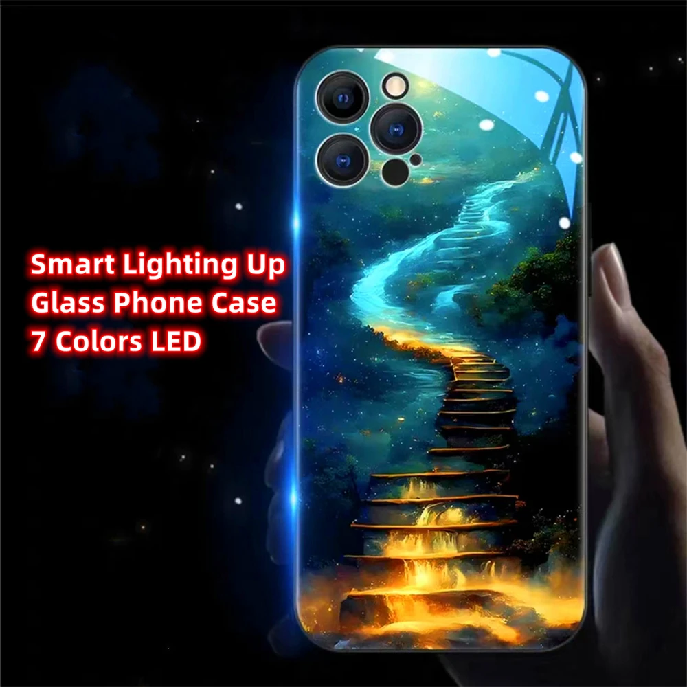 Radiant Moonlight Ocean LED Light Glow Luminous Tempered Glass Phone Case For iPhone 15 14 13 12 11 Pro Max XR XS Plus 7 8