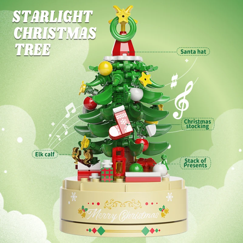 Conjuntos de construcción de árboles de Navidad, caja de música giratoria, juguetes con una varilla ligera, juguetes de construcción, regalos de Navidad para niños y niñas