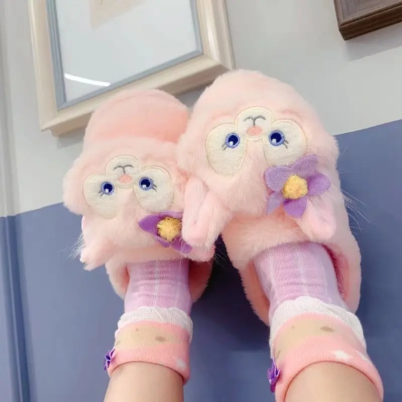 Cartoon Pink Foxes Slippers Anime Warm Shoes Indoor Home Cotton Slipper Flat Non-slip Japanese Style Casual Girl Woman Sweet