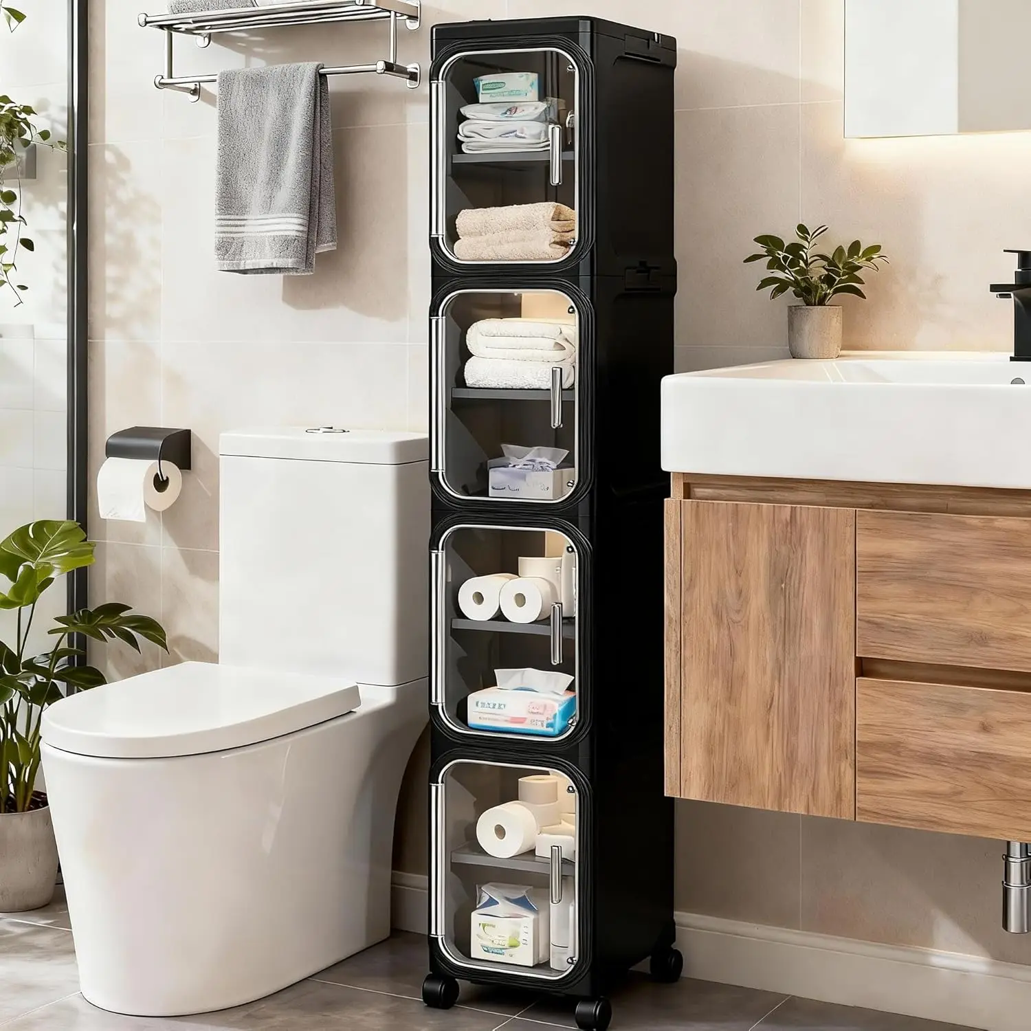 

4-Tier Tall Narrow Storage Cabinet with Adjustable Shelves and Wheels, Slim Organizer for Small Spaces, Bathroom, Kitchen