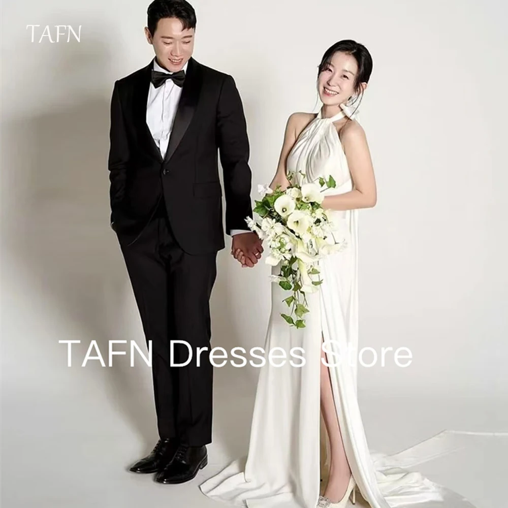 

TAFN Halter Soft Satin Wedding Dresses Korea Photo shoot Side Split Floor Length Bride Gowns Corset Back Customized 2025