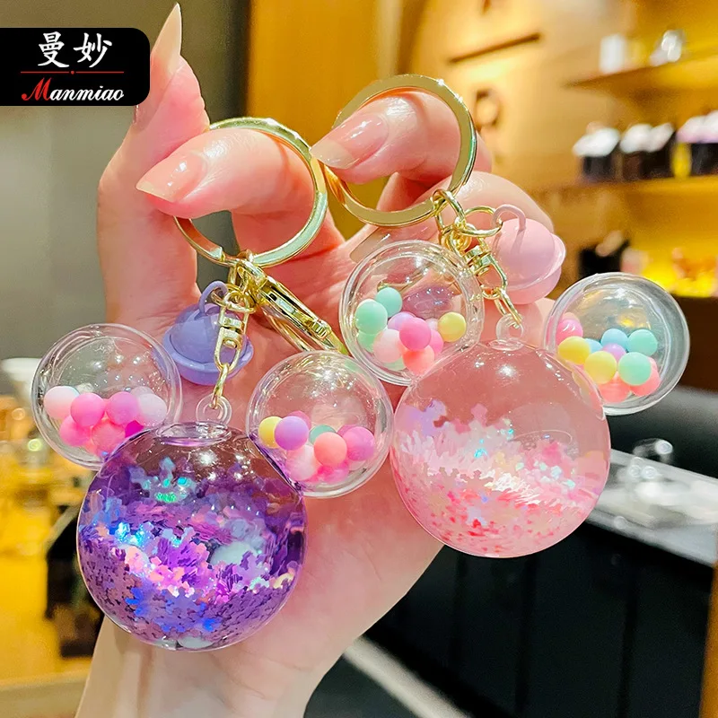 Cute Mouse Head Keychains Liquid Quicksand Sequin Ball Key Chain Cartoon Charm Bag Car Pendant Key Ring Gift For Women Couple