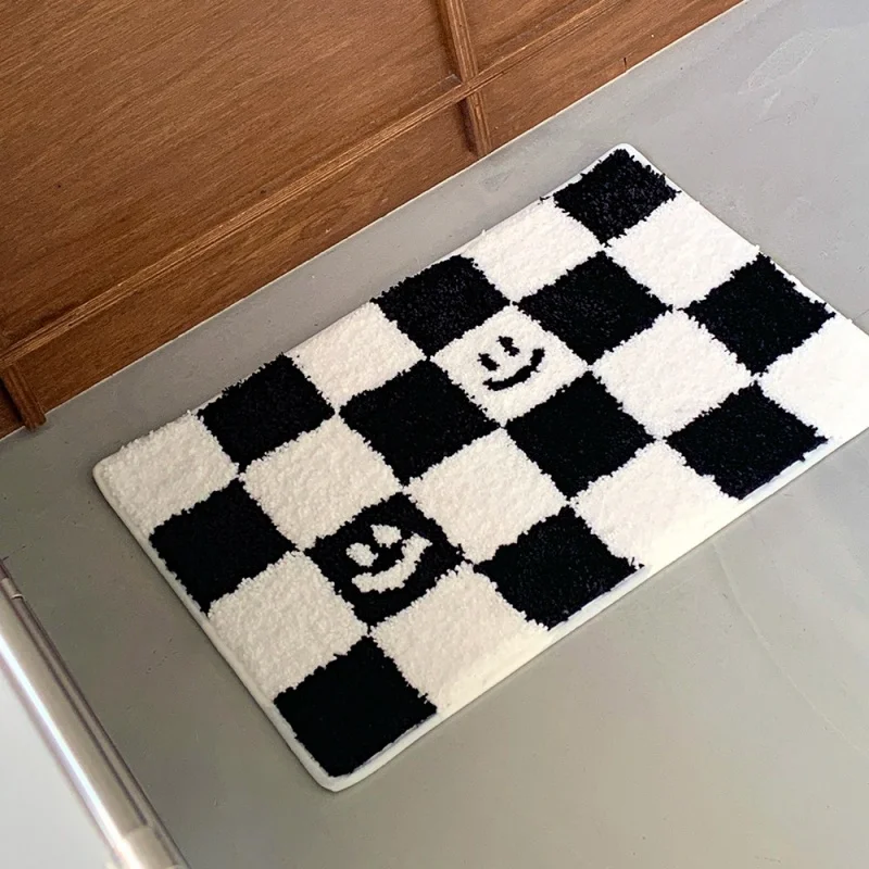 VIKAMA – tapis de porte imprimé damier, tapis de bain antidérapant en peluche, couverture de sol pour chambre à coucher, ornement pour la maison