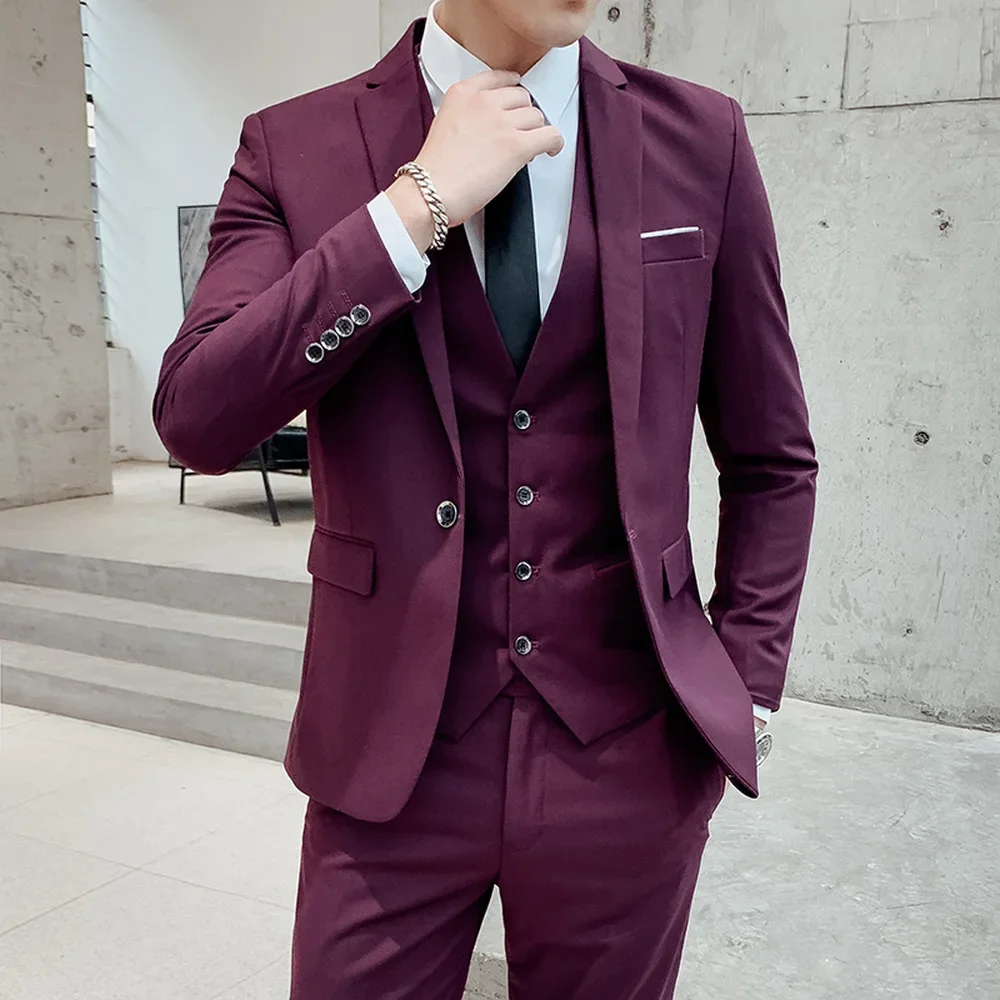 Business Men\'s Groomsmen Blazers Trousers Groom Wedding Dress Banquet Solid Color Slim Fit Suit Jacket Coat Vest Pants Set 3 Pcs