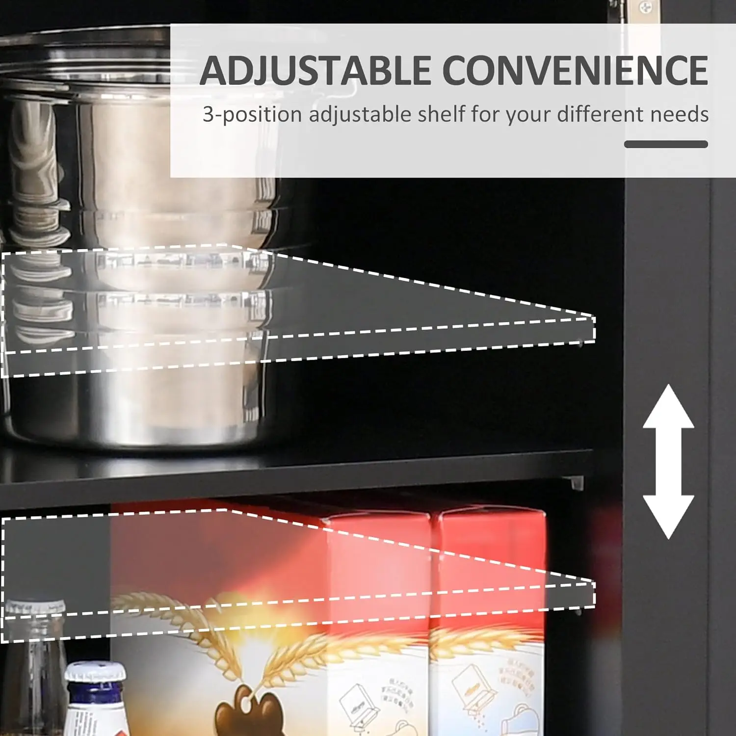 목재 상판, 서랍 2개, 조절 가능한 선반이 있는 현대적인 블랙 사이드보드, 주방 커피 바 캐비닛