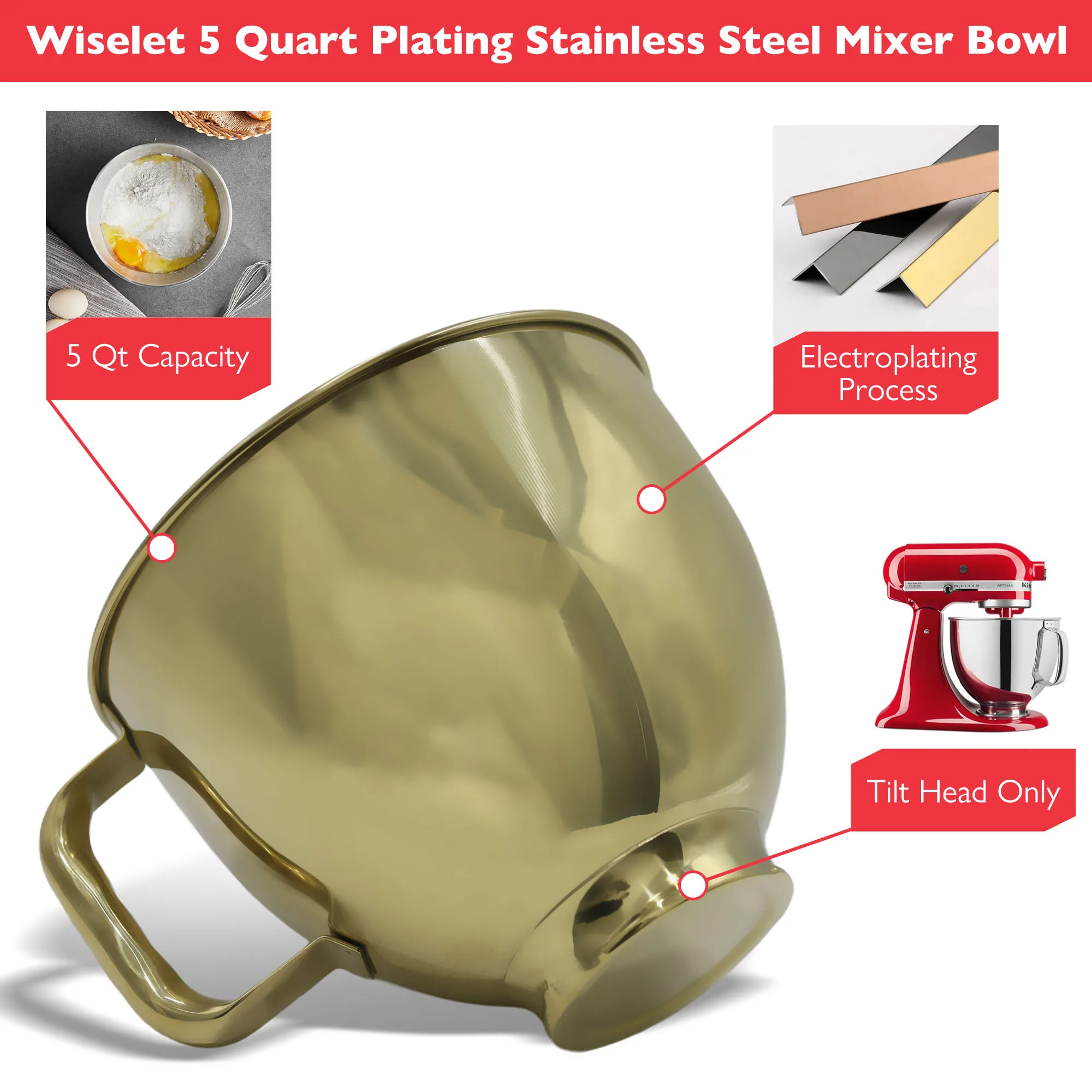 Cuenco para batidoras con cabezal inclinable KitchenAid, tazón mezclador de acero inoxidable de 4,5-5QT para accesorios KitchenAid, cuenco dorado K45 KSM70 KSM150