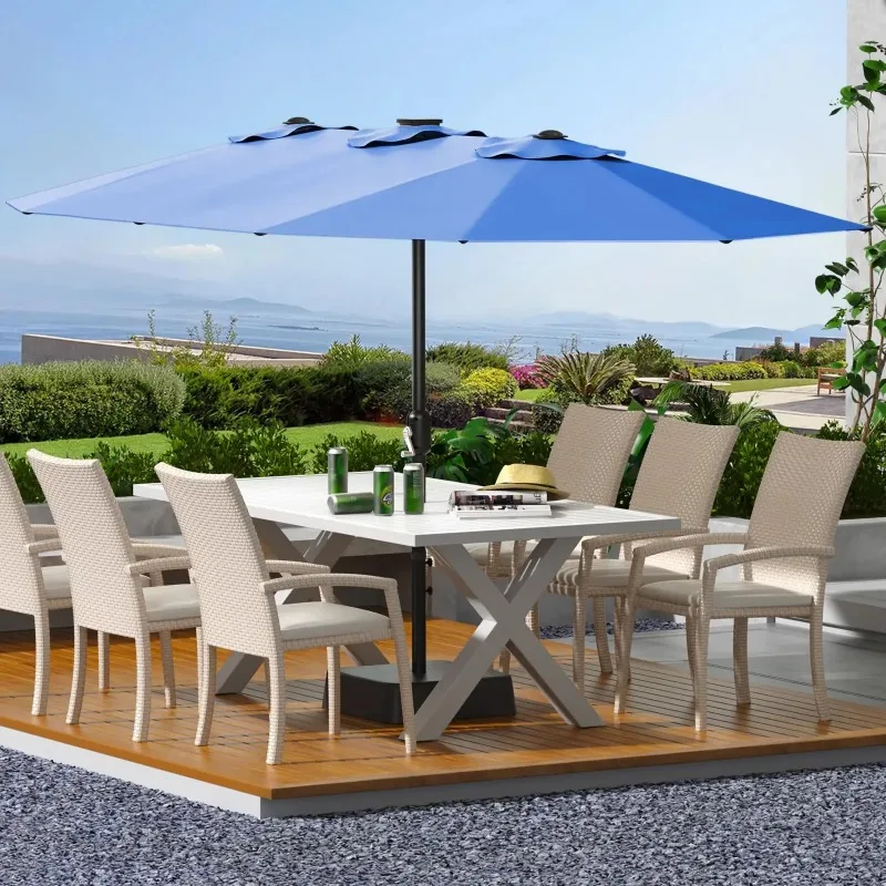 15FT Rectangular Patio Umbrella With Base, UV Protective Waterproof Outdoor Umbrella With Easy Crank Lift For Pool Backyard Terr
