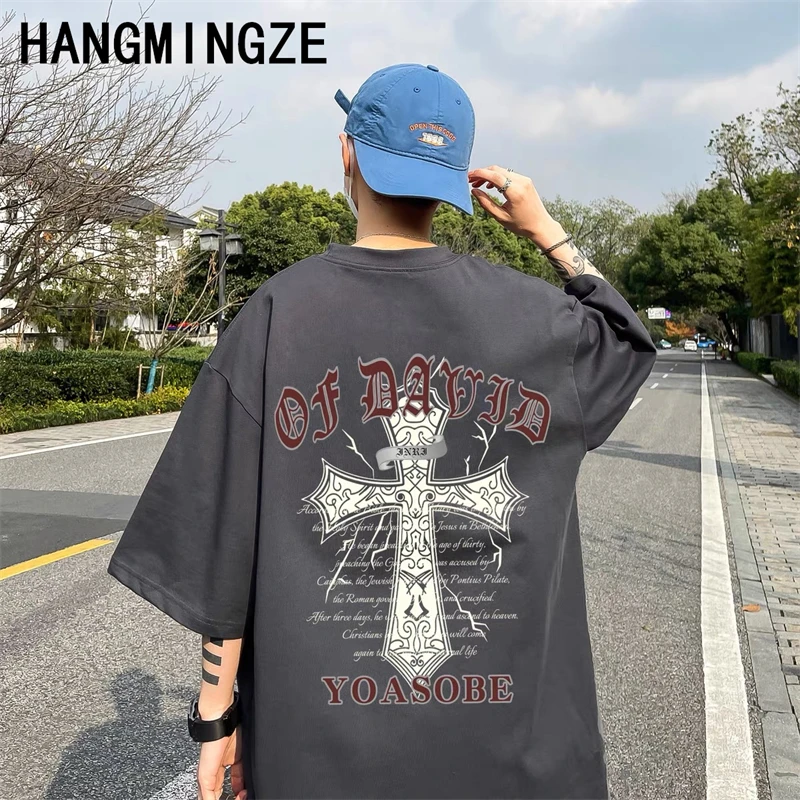 2024 Oversized Harajuku Cross Printed Punk Gothic Men's T Shirt Casual Short Sleeve Hip-hop Loose Streetwear Tops Clothing