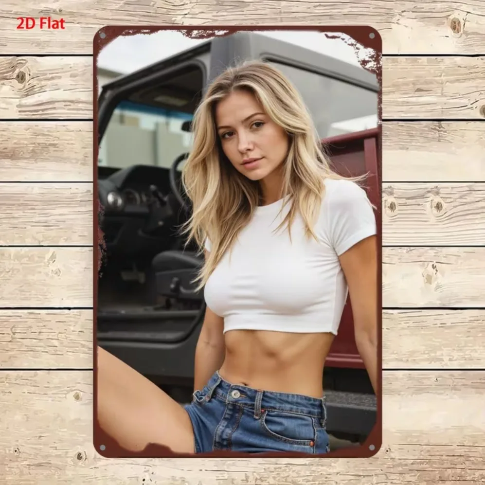 Blonde in White Crop Top & Blue Skirt Retro Metal Tin Sign, Wall Art Decor