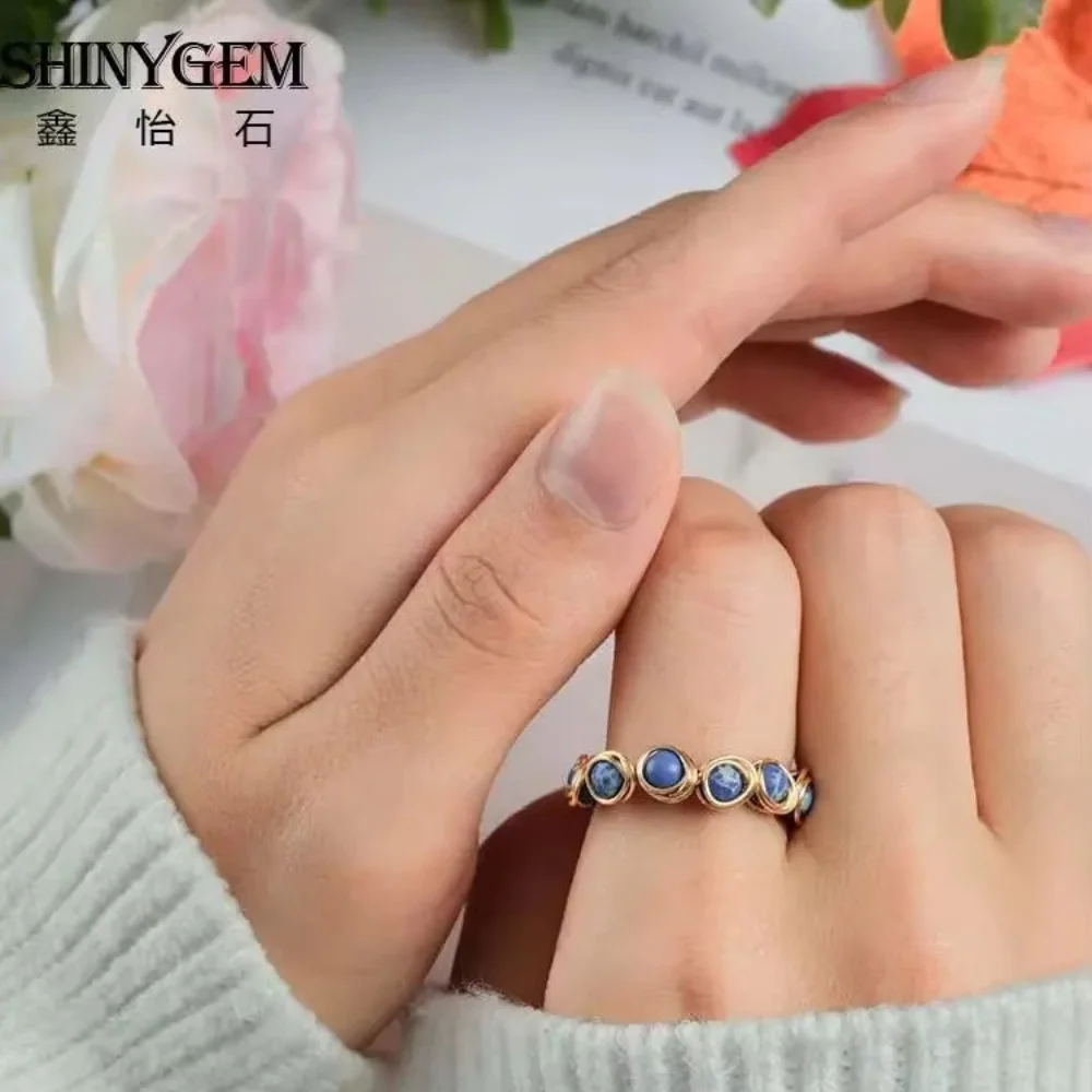 SHINYGEM Hand Wound Blue Imperial Jasper Stone Women Adjustable Opening 18K Gold Plated Ladies' Gift Mastercrafted Handmad Ring