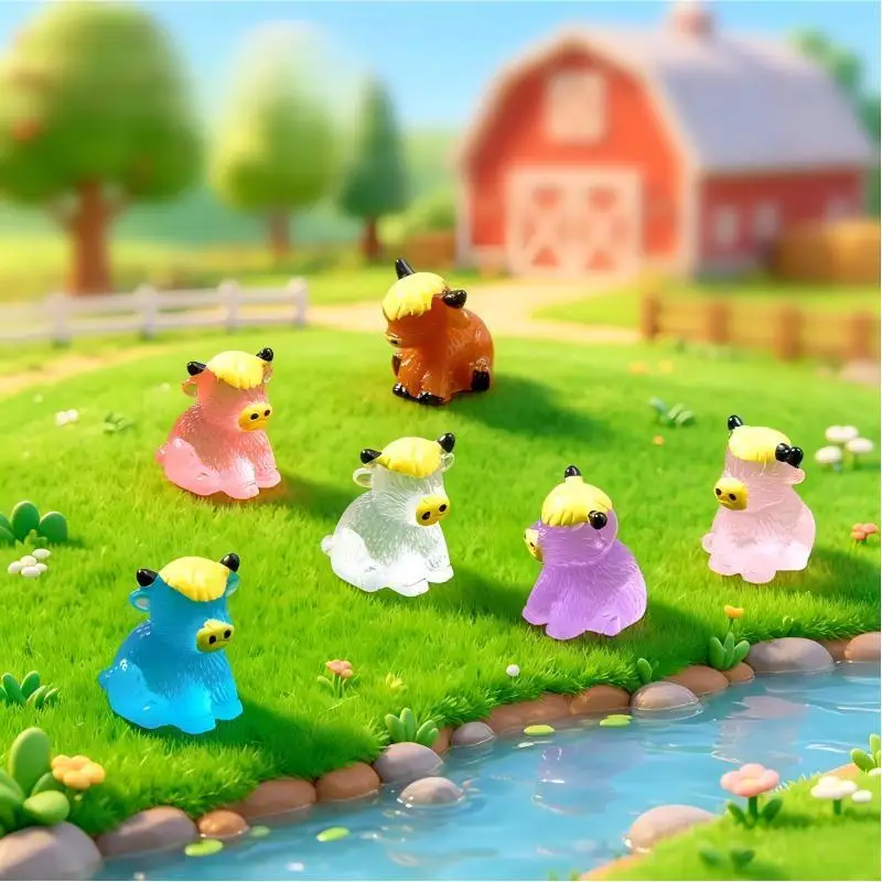 Cute Resin Light Highland Cow Figurines Miniatures, Home Desk Fairy Garden Light Ornament, Micro Landscape DIY Craft Light De