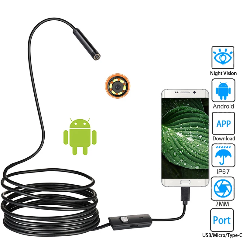 5MM Endoscope Camera Mobile Probe Borescope Inspection Endoscopic For Android For Cars Endoscope Camera USB Type C Micro